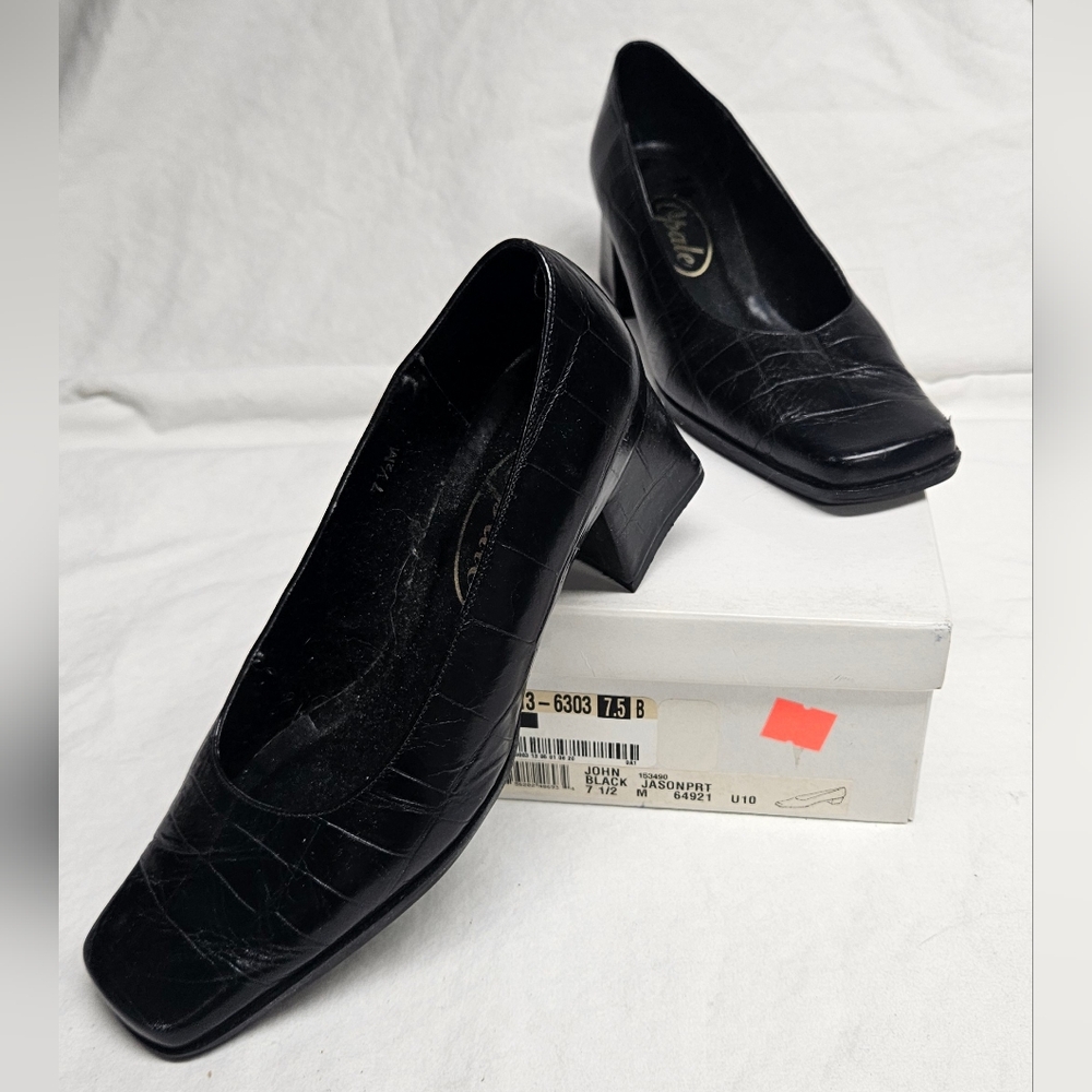Vintage Opale Square Toe Classic Black Block Heels - Animal Textured - Size 7.5